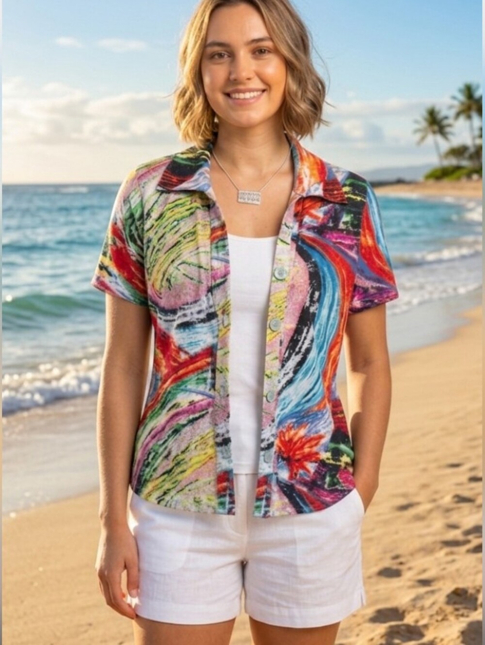 Parsley &Sage Linen Vibrant Abstract Button-Front Button Up Shirt 3/4 Sleeve M